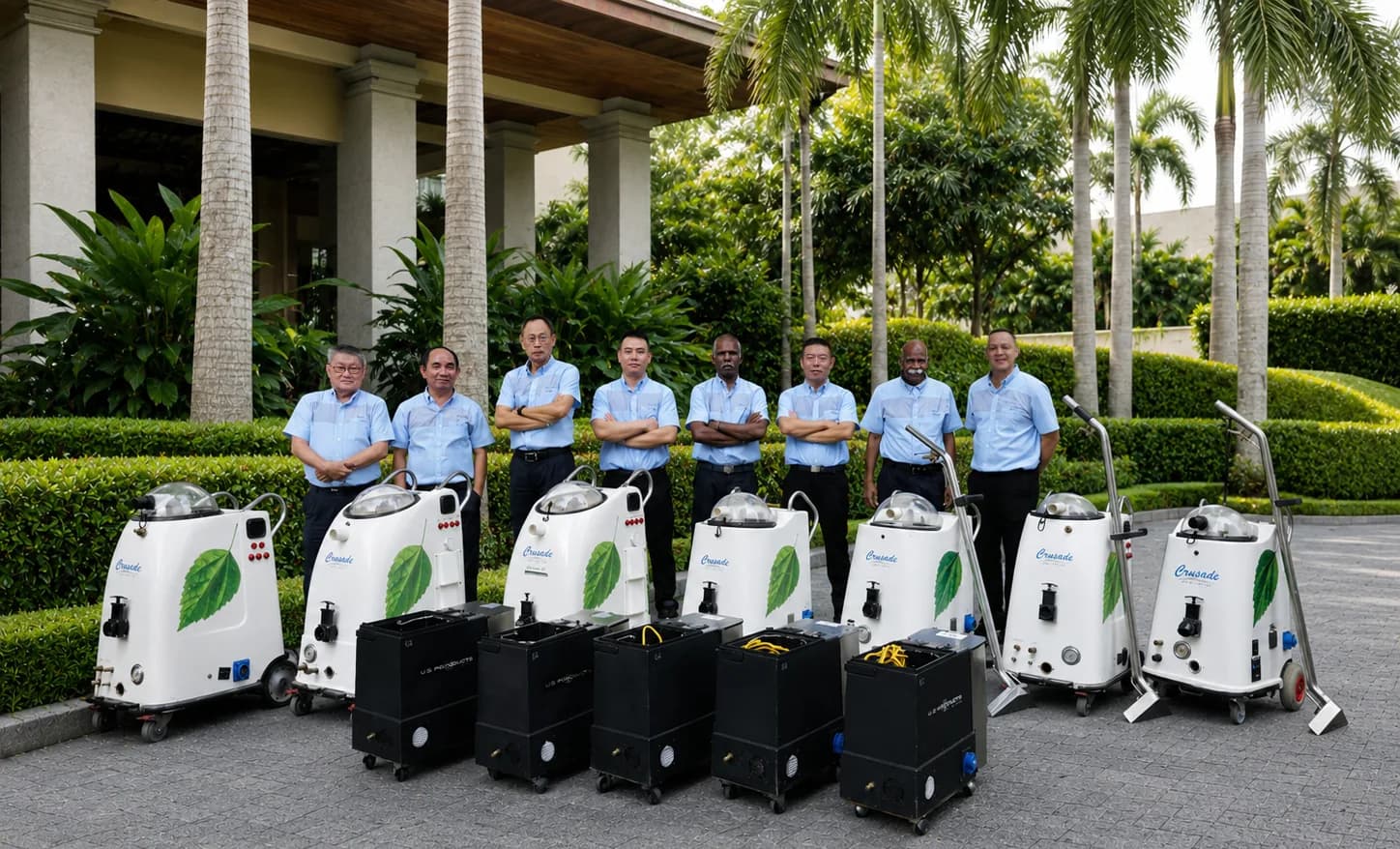 Crusade technicians with the fleet of extraction machines lined up outdoors
