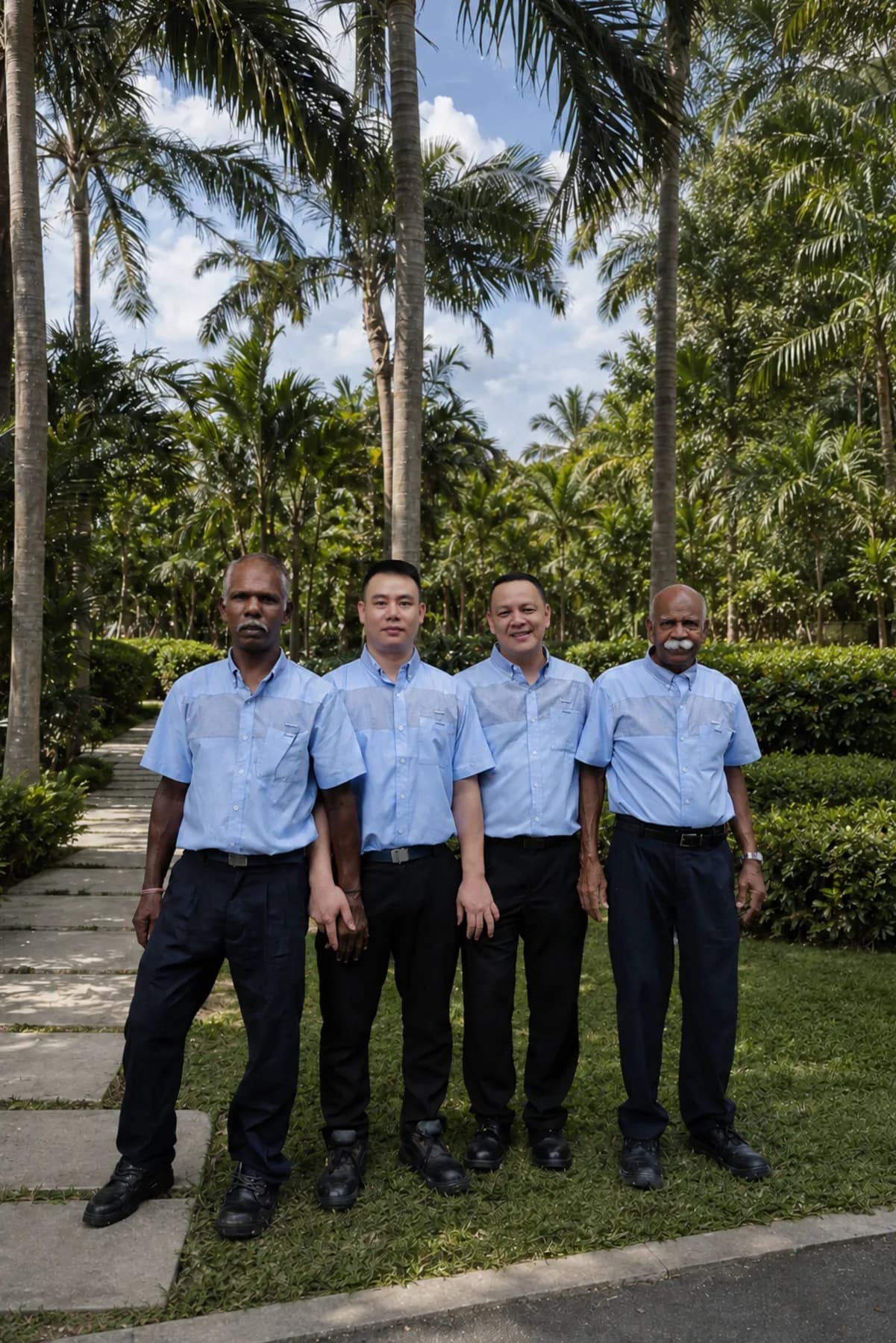 Four Crusade team members photographed among palms